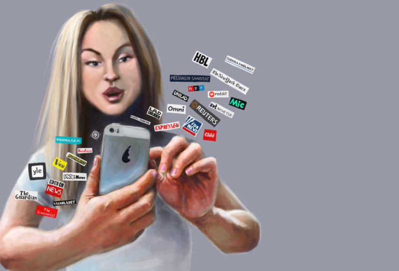 Illustration på kvinna som läser nyheter på sin telefon