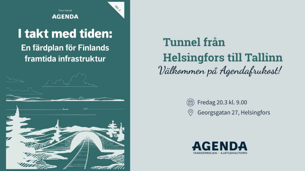 Banner med information om Agendaevenemang i Helsingfors 20.3.2026 samt pärmbild från rapporten med järnvägstunnel.