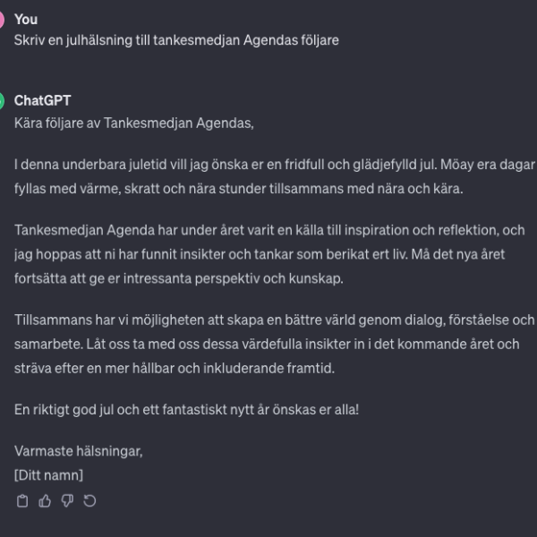Bild på ChatGPTs julhälsning åt Agendas förljare
