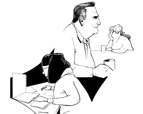 Illustration av 3 personer i svartvitt