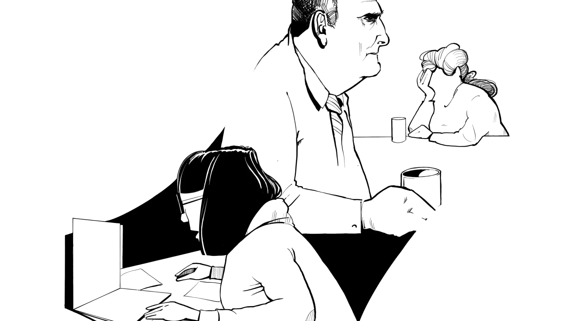 Illustration av 3 personer i svartvitt