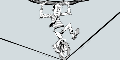 Illustration med man som balanserar på cykel